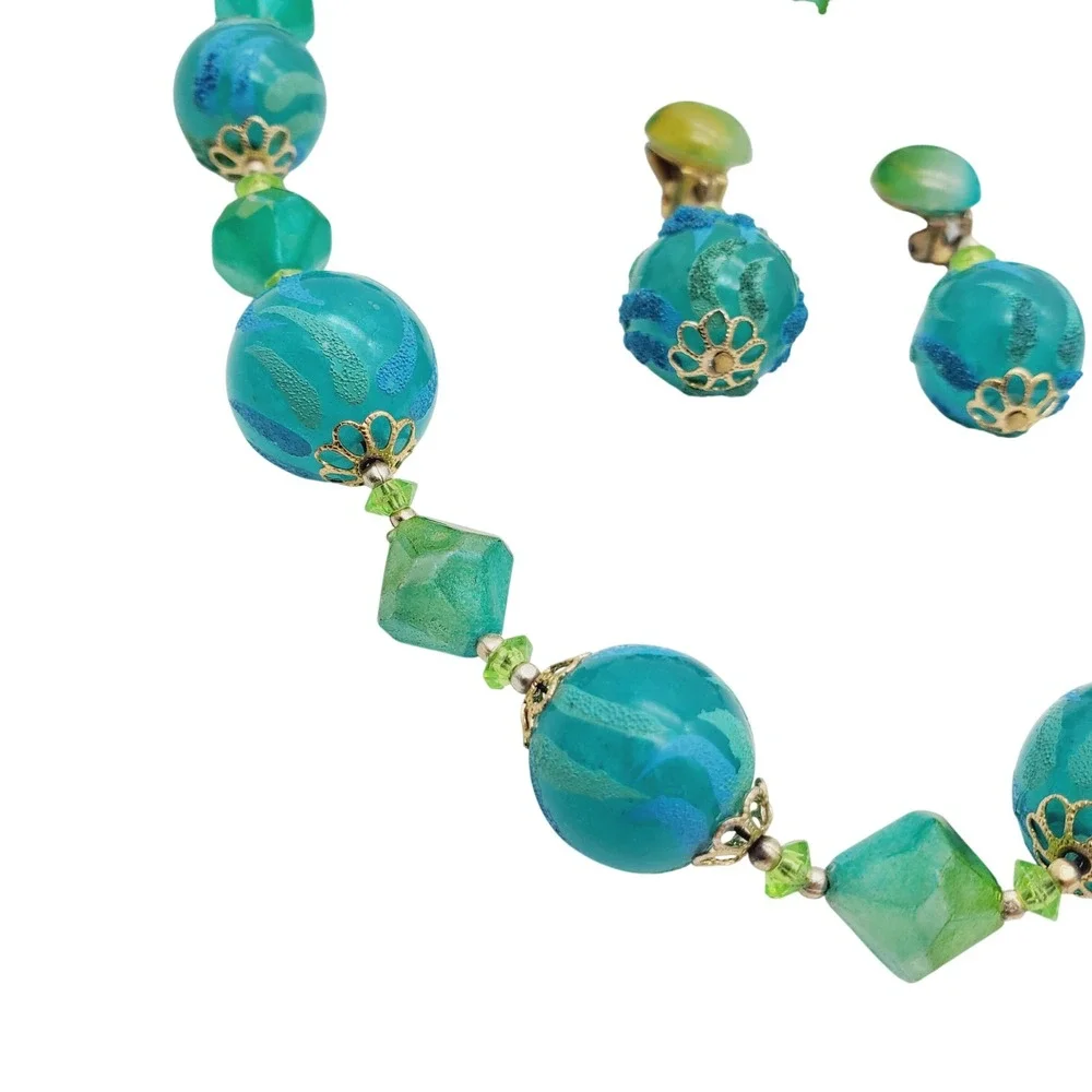 Hong Kong Necklace Clip Earrings Blue Green Flocked Beaded Acrylic Lucite Summer